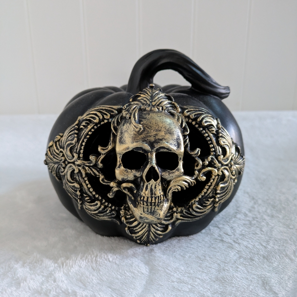 Black and Gold Skull Pumpkin Decor